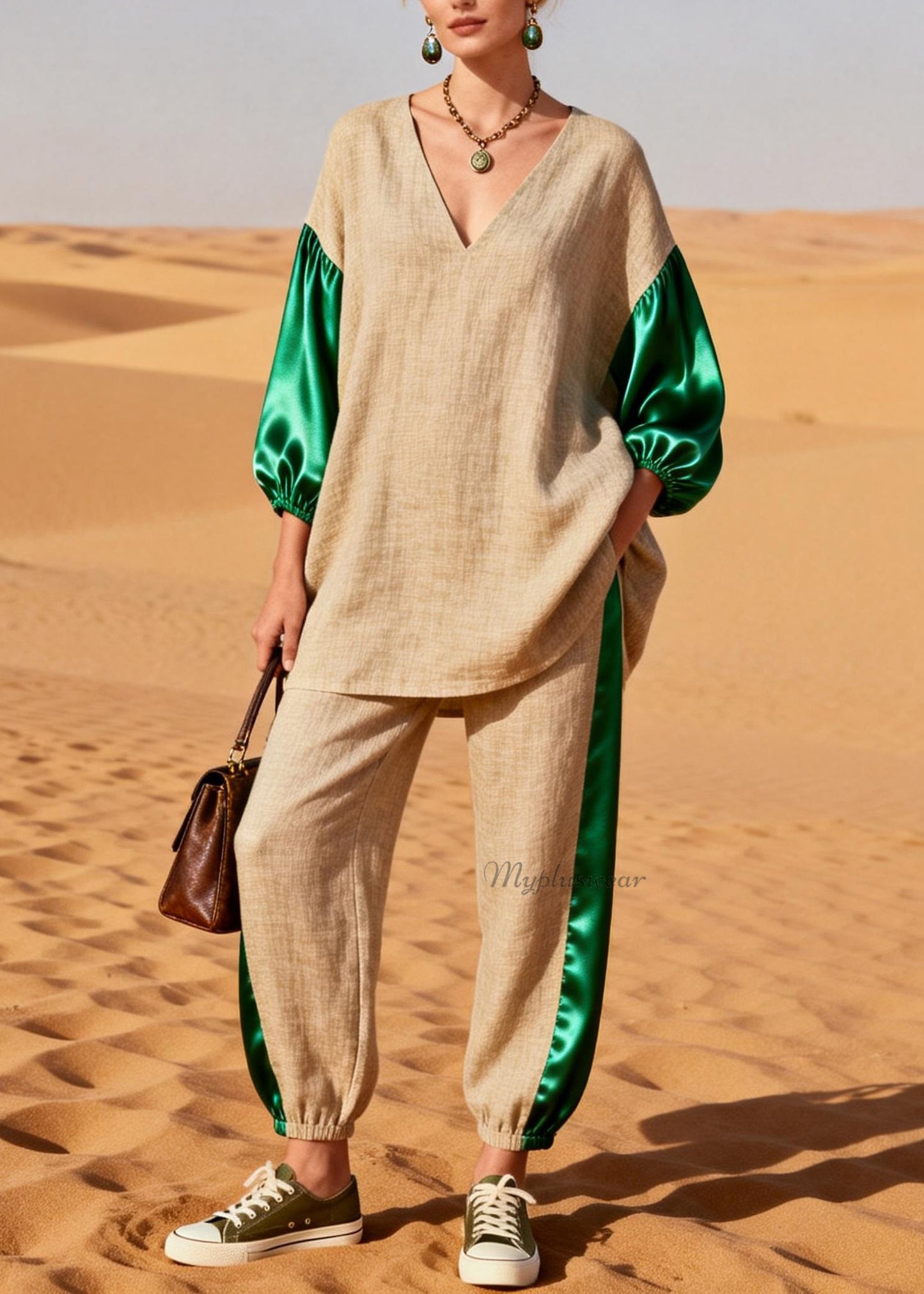 Loose Colorblock Silk Patchwork Linen Two Pieces Set Spring