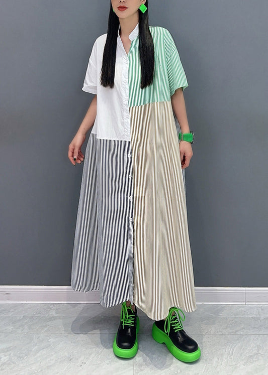Loose Colorblock Striped Stand Collar Button Maxi Dress Summer