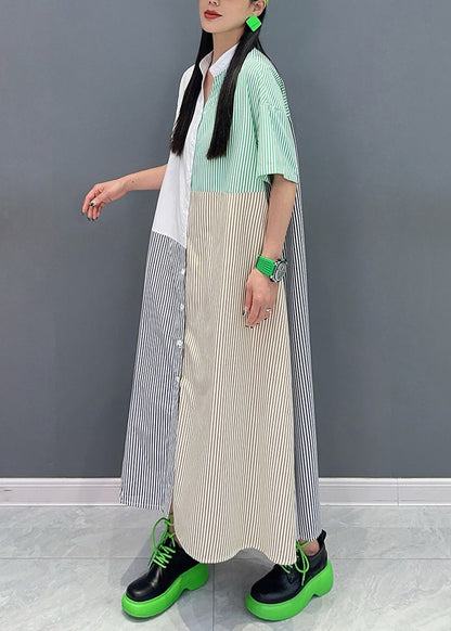 Loose Colorblock Striped Stand Collar Button Maxi Dress Summer