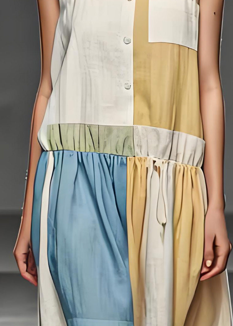Loose Colorblock U Neck Wrinkled Patchwork Cotton Dresses Sleeveless