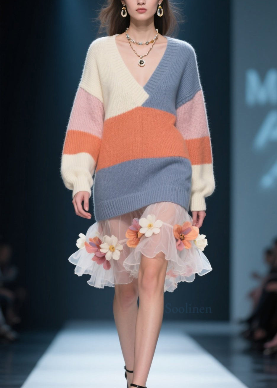 Loose Colorblock V Neck Knit Sweater Top Fall