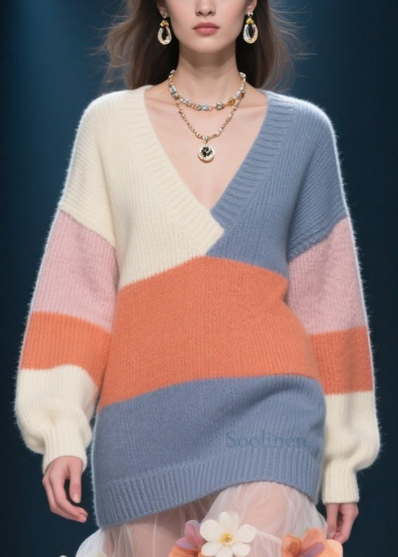 Loose Colorblock V Neck Knit Sweater Top Fall