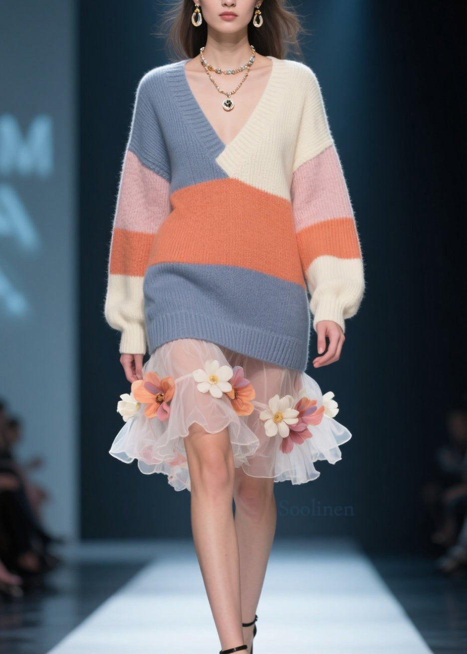 Loose Colorblock V Neck Knit Sweater Top Fall