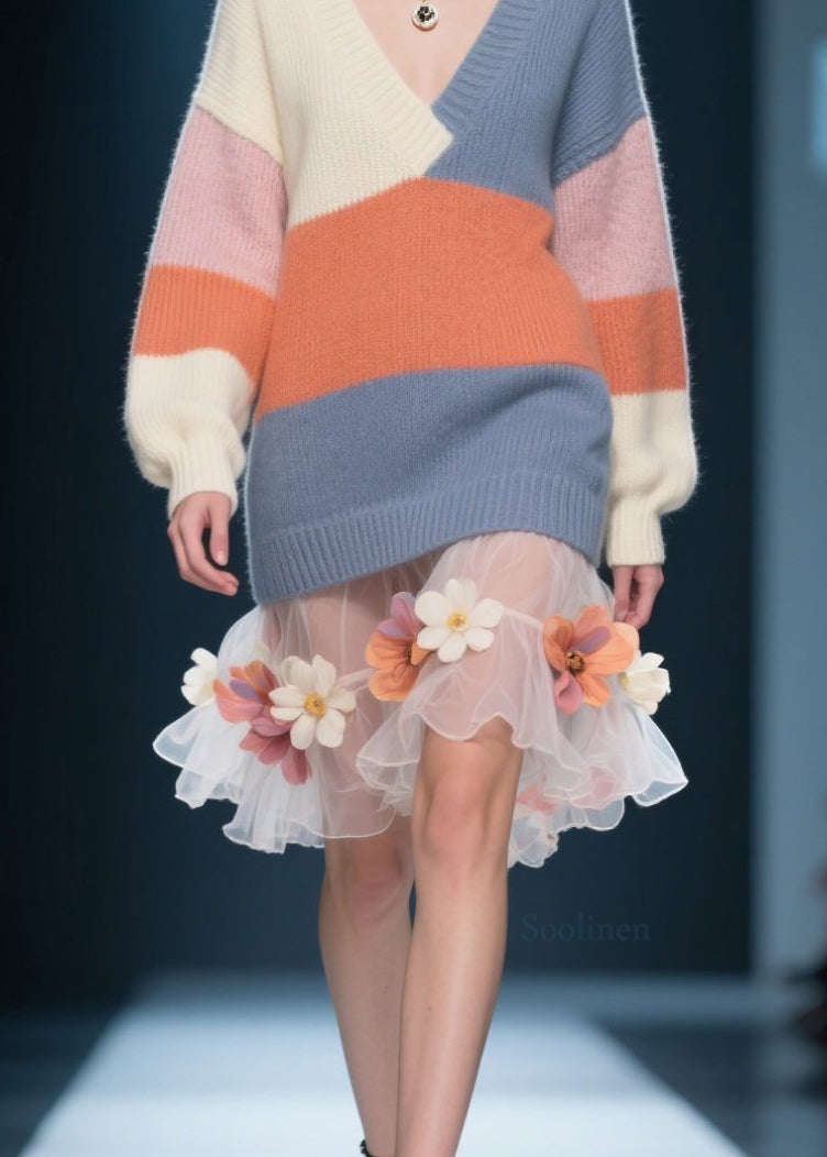 Loose Colorblock V Neck Knit Sweater Top Fall