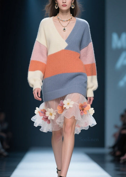 Loose Colorblock V Neck Knit Sweater Top Fall