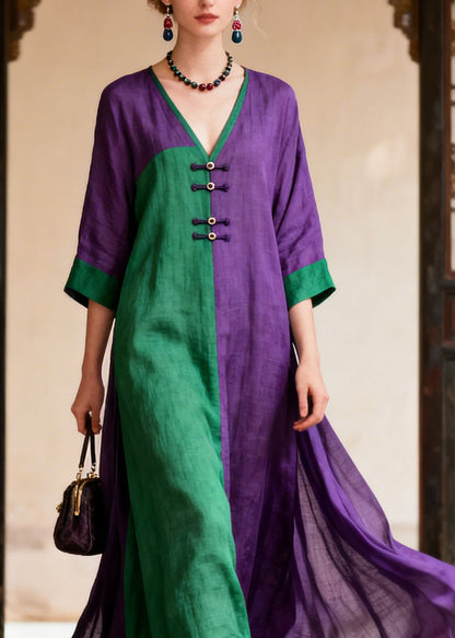 Loose Colorblock V Neck Patchwork Cotton Dresses Summer