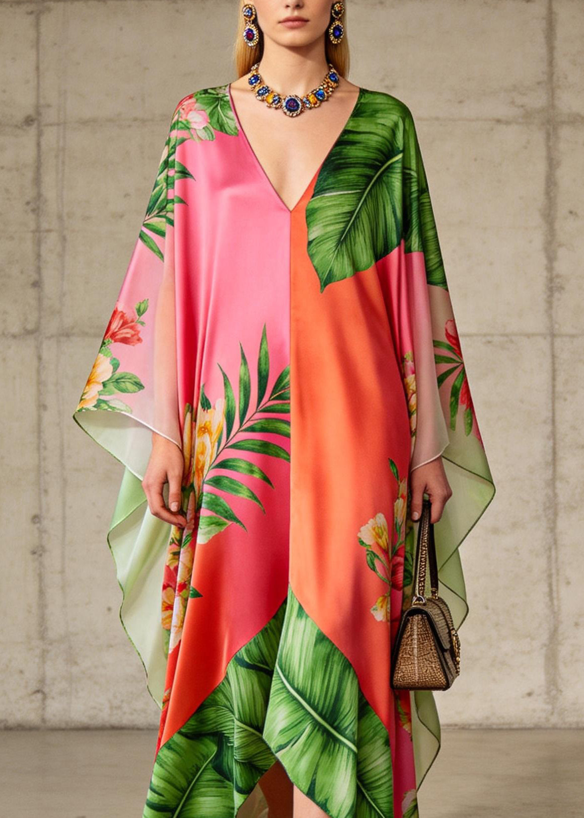Loose Colorblock V Neck Print Chiffon Long Dresses Summer
