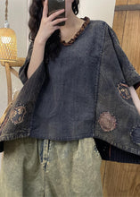 Load image into Gallery viewer, Loose Colorblock V Neck Ruffled Cotton T Shirt Summer
