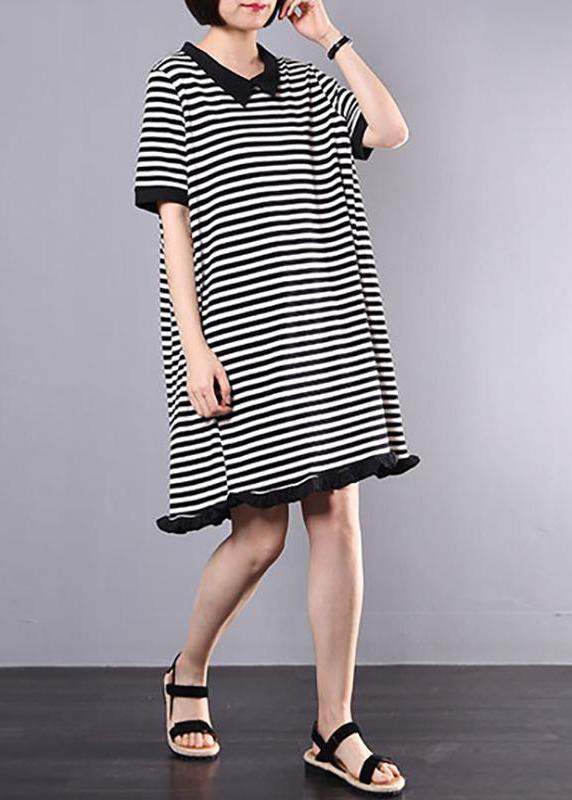 Loose Cotton clothes Fun Striped Casual Cotton A-Line Spliced Dress - SooLinen