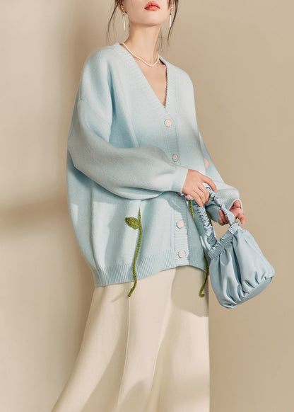 Loose Cozy Blue V Neck Floral Knit Cardigan Spring