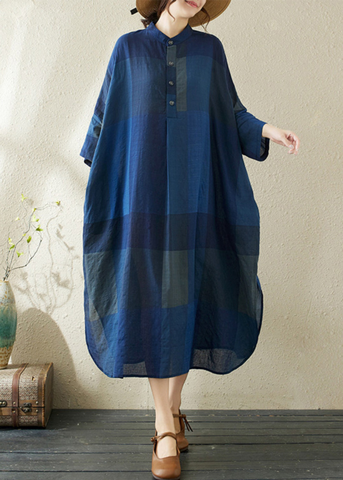 Loose Dark Blue Stand Collar Plaid Side Open Long Dresses Bracelet Sleeve