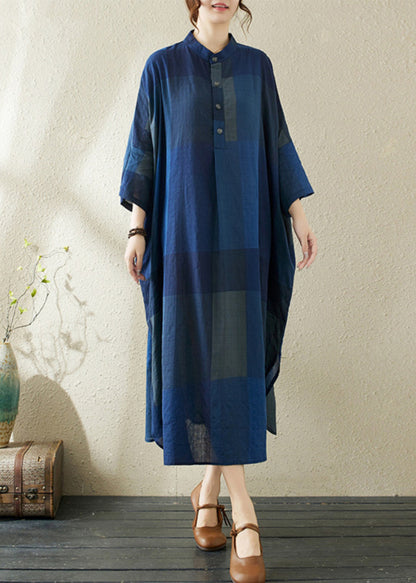 Loose Dark Blue Stand Collar Plaid Side Open Long Dresses Bracelet Sleeve