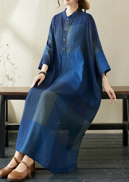 Loose Dark Blue Stand Collar Plaid Side Open Long Dresses Bracelet Sleeve
