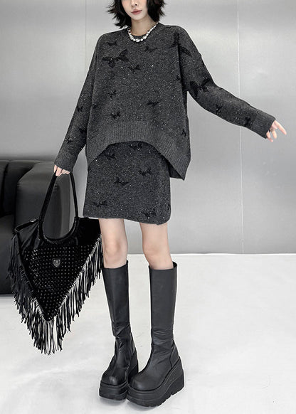 Loose Dark Gray Butterfly Sequins Sweaters And Skirts Knit Two Pieces Set