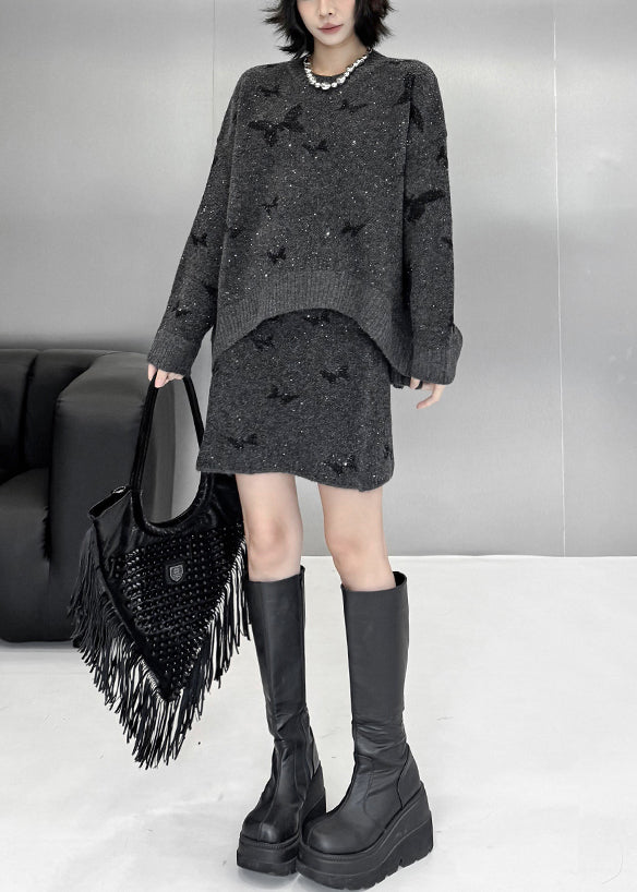 Loose Dark Gray Butterfly Sequins Sweaters And Skirts Knit Two Pieces Set