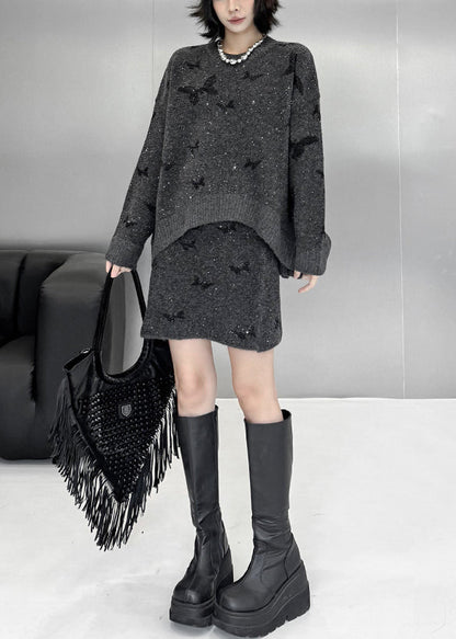 Loose Dark Gray Butterfly Sequins Sweaters And Skirts Knit Two Pieces Set