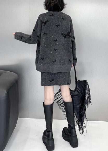 Loose Dark Gray Butterfly Sequins Sweaters And Skirts Knit Two Pieces Set