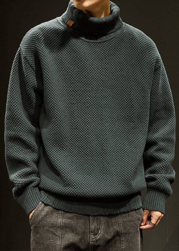 Loose Dark Gray Turtleneck Thick Cotton Knit Men Sweaters Winter