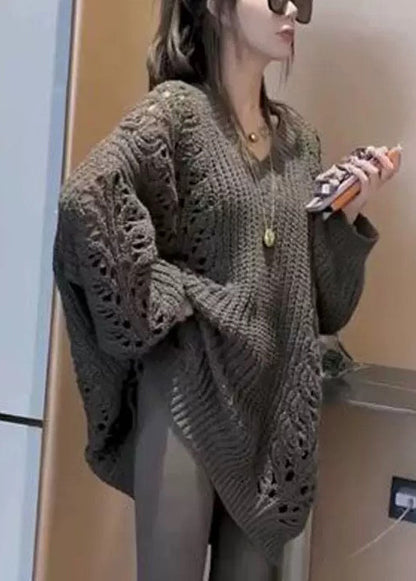 Loose Dark Gray V Neck Hollow Out Knit Sweater Spring
