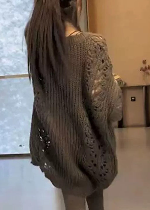 Loose Dark Gray V Neck Hollow Out Knit Sweater Spring