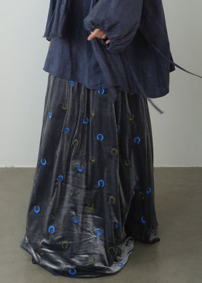 Loose Dark Grey Moon Embroidered High Waist Silk Velvet Maxi Skirt