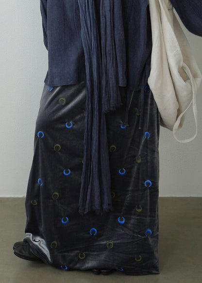 Loose Dark Grey Moon Embroidered High Waist Silk Velvet Maxi Skirt
