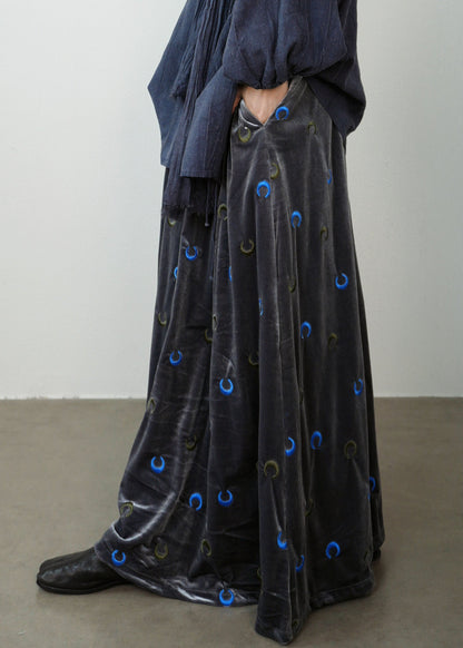 Loose Dark Grey Moon Embroidered High Waist Silk Velvet Maxi Skirt