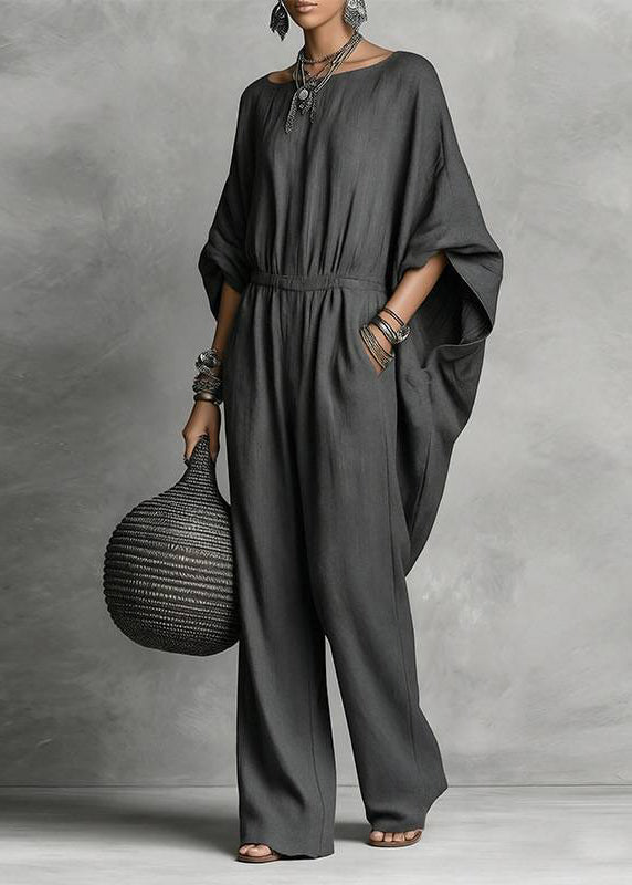 Loose Dark Grey O-Neck Draping Jumpsuits Batwing Sleeve