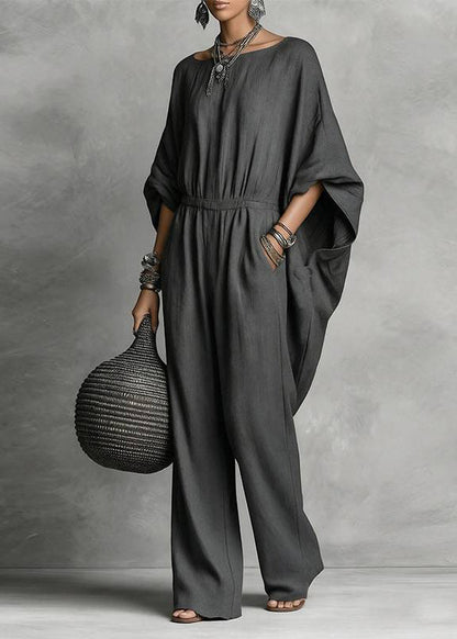 Loose Dark Grey O-Neck Draping Jumpsuits Batwing Sleeve