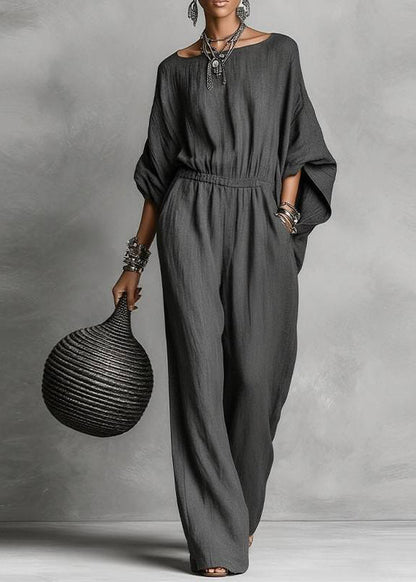 Loose Dark Grey O-Neck Draping Jumpsuits Batwing Sleeve