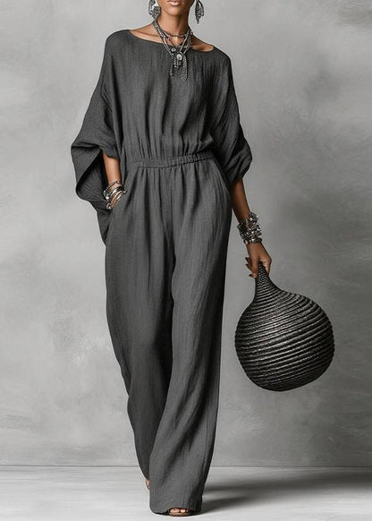 Loose Dark Grey O-Neck Draping Jumpsuits Batwing Sleeve