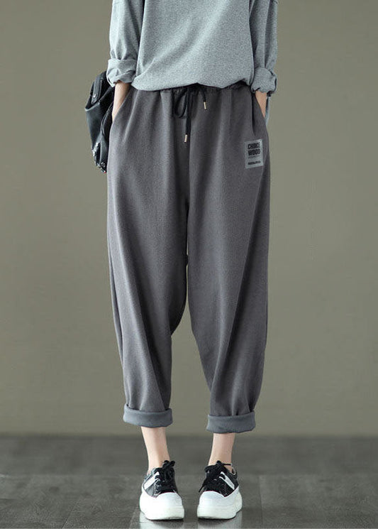 Loose Dark Grey Pockets Elastic Waist Knitted Cotton Harem Pants Fall