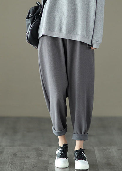 Loose Dark Grey Pockets Elastic Waist Knitted Cotton Harem Pants Fall