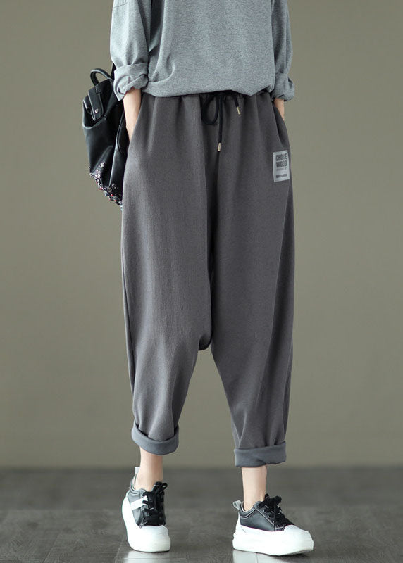 Loose Dark Grey Pockets Elastic Waist Knitted Cotton Harem Pants Fall
