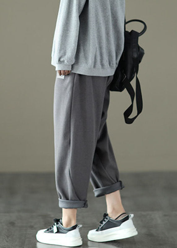 Loose Dark Grey Pockets Elastic Waist Knitted Cotton Harem Pants Fall