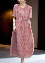 Load image into Gallery viewer, Loose Dark Pink O-Neck Print Wrinkled Silk Long Dress Short Sleeve