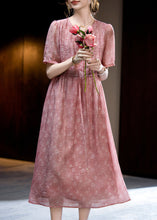 Load image into Gallery viewer, Loose Dark Pink O-Neck Print Wrinkled Silk Long Dress Short Sleeve