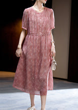 Load image into Gallery viewer, Loose Dark Pink O-Neck Print Wrinkled Silk Long Dress Short Sleeve
