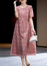 Load image into Gallery viewer, Loose Dark Pink O-Neck Print Wrinkled Silk Long Dress Short Sleeve
