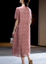 Load image into Gallery viewer, Loose Dark Pink O-Neck Print Wrinkled Silk Long Dress Short Sleeve