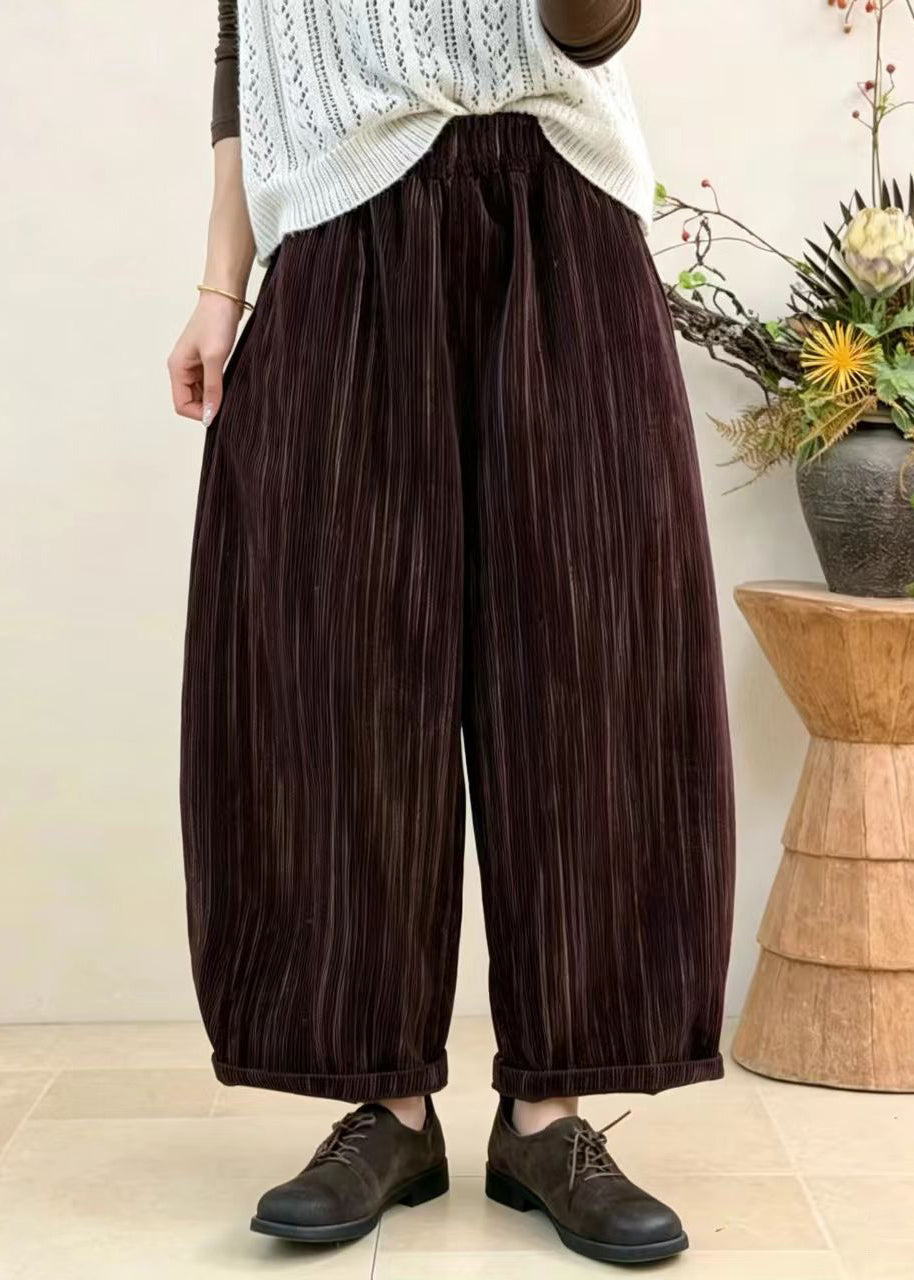 Loose Dark Purple Pockets Elastic Waist Corduroy Crop Pants Fall