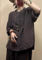 Loose Dark Red O-Neck Button Cotton Top Bracelet Sleeve