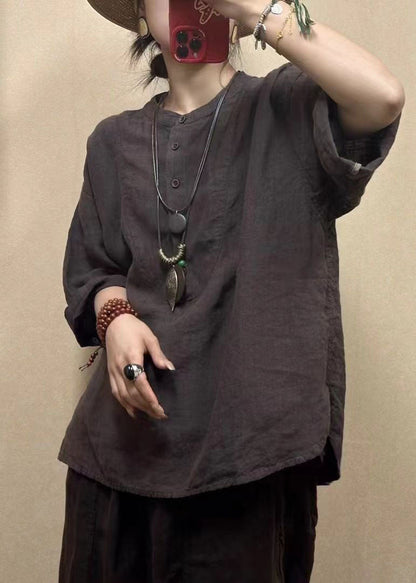 Loose Dark Red O-Neck Button Cotton Top Bracelet Sleeve