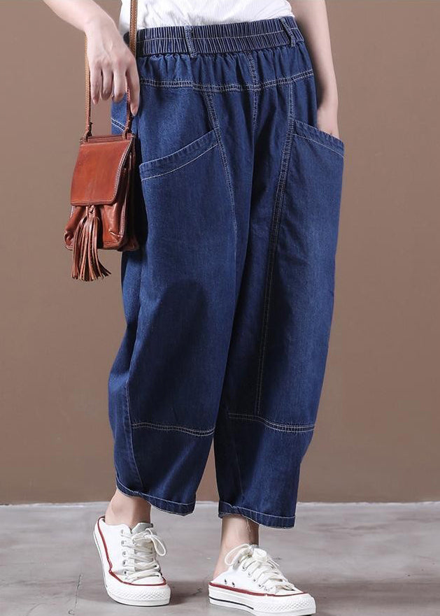 Loose Denim Blue Pockets Elastic Waist Denim Crop Pants Fall