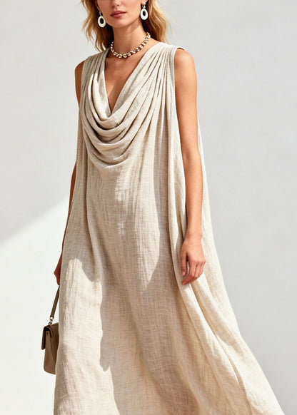 Loose Draped Neckline Floral Patchwork Linen Maxi Dresses Sleeveless