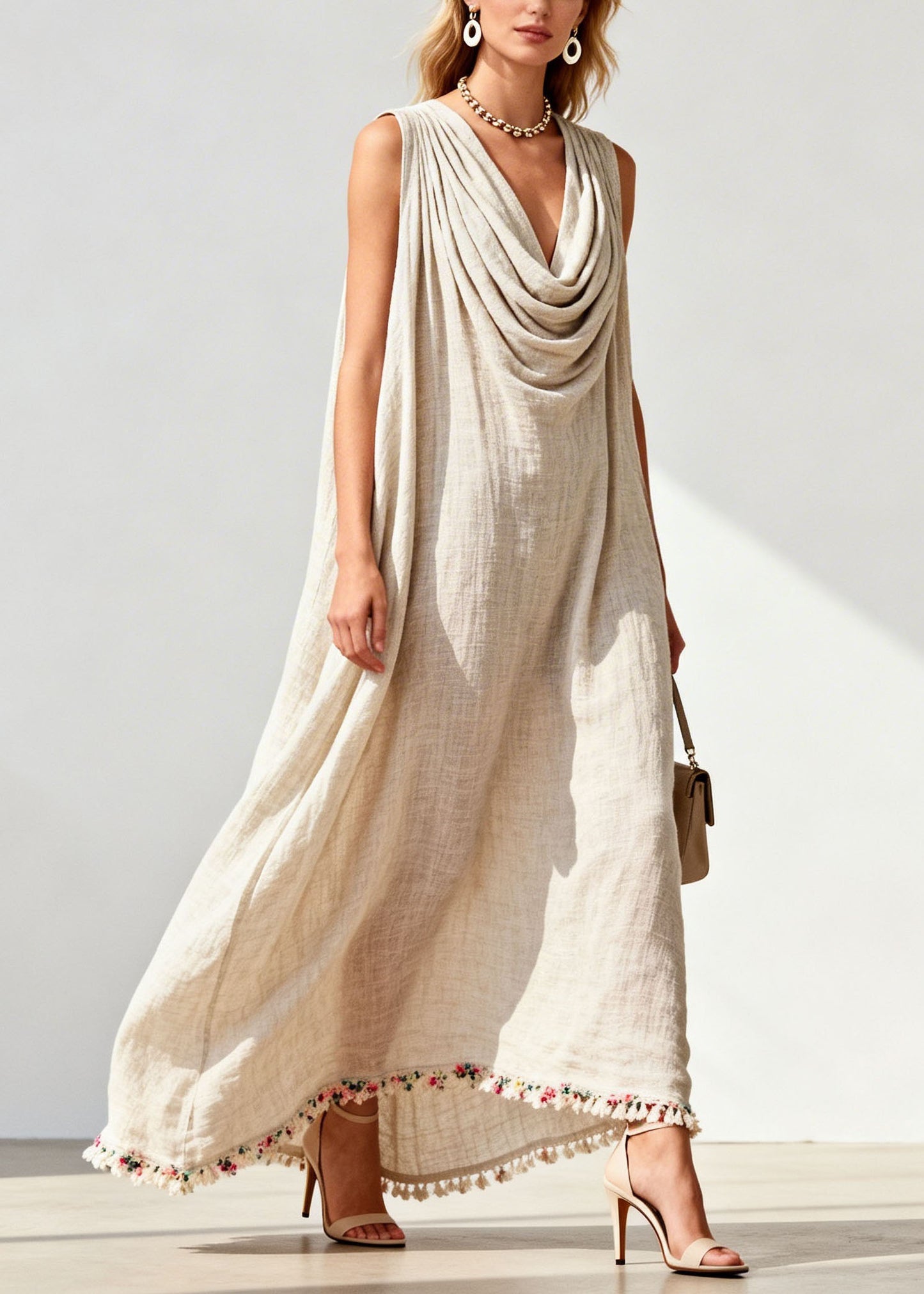 Loose Draped Neckline Floral Patchwork Linen Maxi Dresses Sleeveless