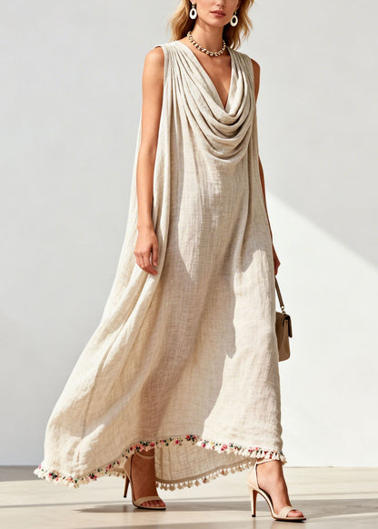 Loose Draped Neckline Floral Patchwork Linen Maxi Dresses Sleeveless