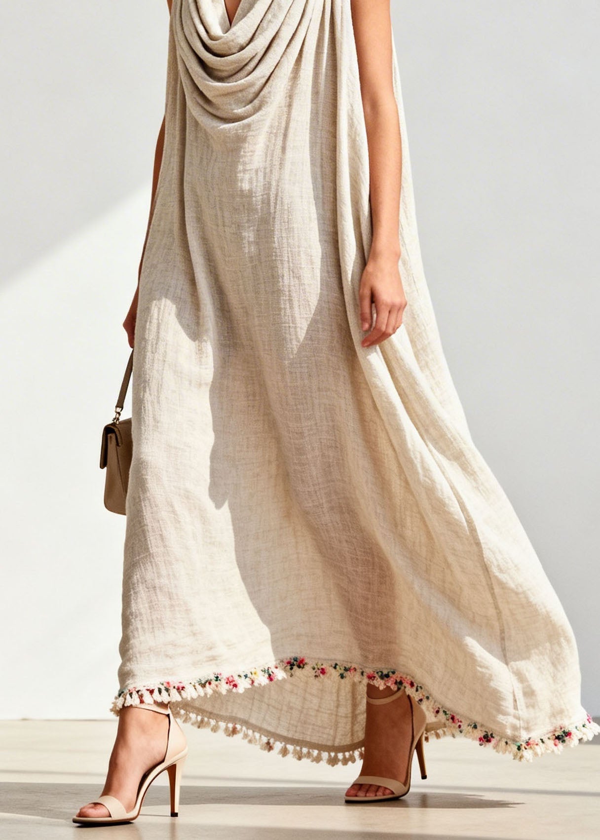 Loose Draped Neckline Floral Patchwork Linen Maxi Dresses Sleeveless