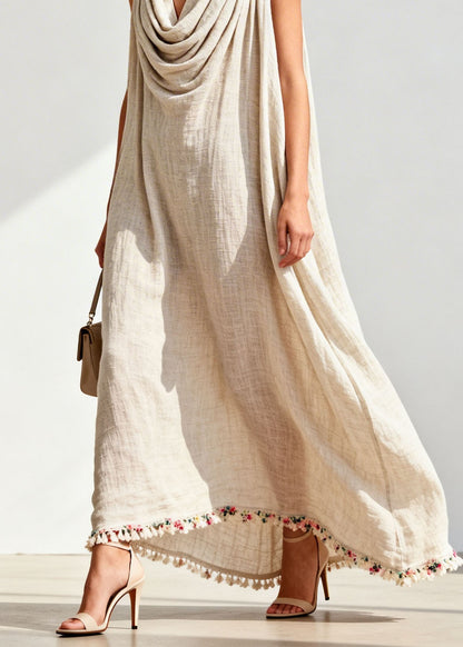 Loose Draped Neckline Floral Patchwork Linen Maxi Dresses Sleeveless