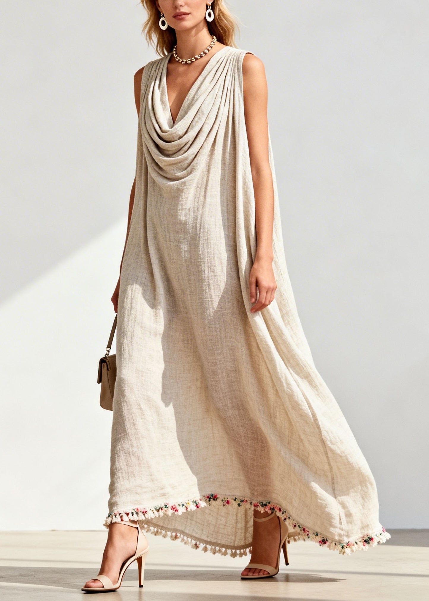 Loose Draped Neckline Floral Patchwork Linen Maxi Dresses Sleeveless